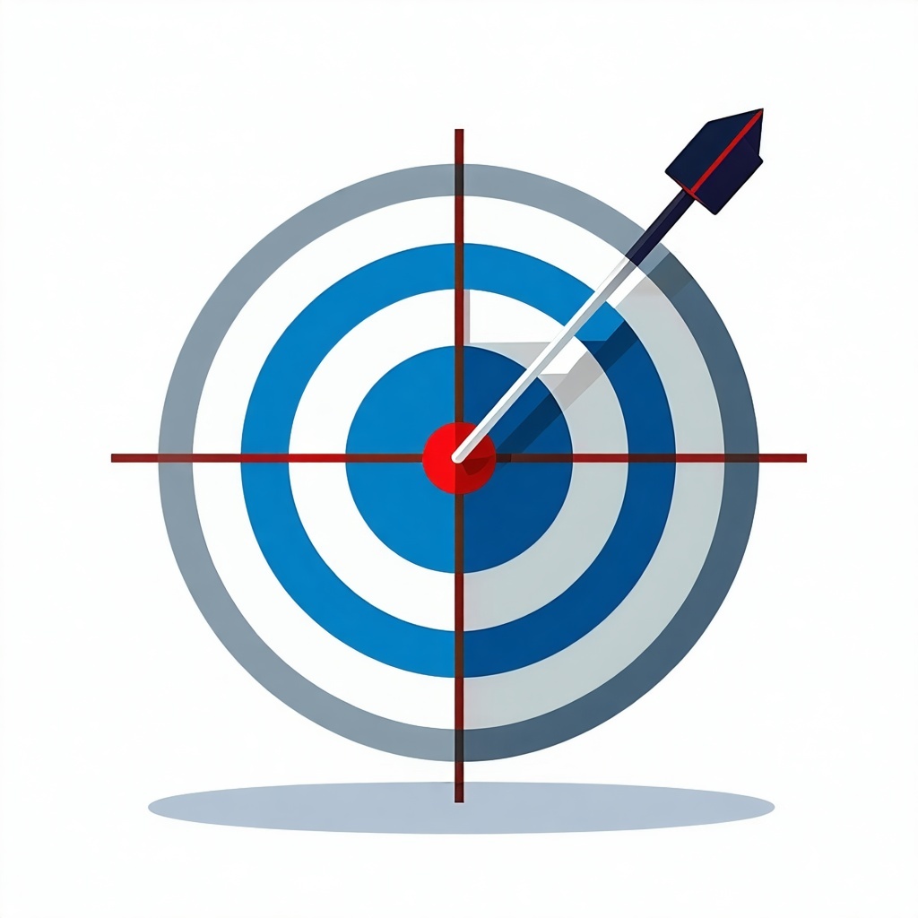 Minimalist flat icon representing accuracy featuring a sharp bullseye target or crosshair symbol clean vector style blue and gray color palette isolated on transparent background-1