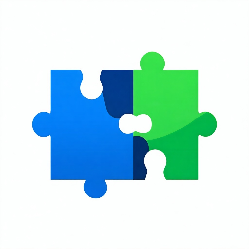 Minimalist flat icon representing compatibility featuring two interlocking puzzle pieces or connected plugs clean vector design blue and green color palette isolated on transparent background