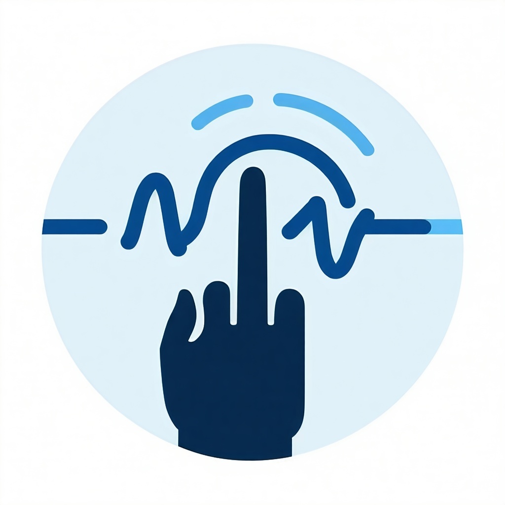 Minimalist flat icon representing sensitivity featuring a fingertip touching waves or vibration lines clean vector design soft blue and gray color palette isolated on transparent background-1